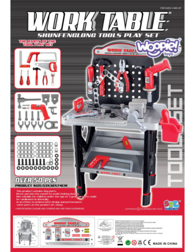 WOOPIE Duży Warsztat z Narzędziami dla Dzieci Zestaw Majsterkowicza Wiertarka Piła Młotek 50 el.