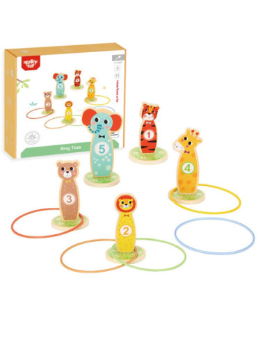 Tooky Toy Drewniana Gra Zręcznościowa Rzut do Celu Zwierzątka 15 el.