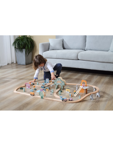 VIGA PolarB Drewniana kolejka dla dzieci Pociąg Tor 90 elementów