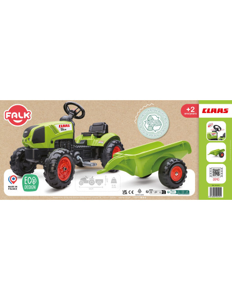 FALK Traktor Claas Zielony na Pedały z Przyczepą + Klakson od 2 Lat.