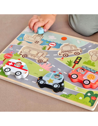 Tooky Toy Drewniane Puzzle Pojazdy Samochody Samolot Statek Miasto Dopasuj Kształty