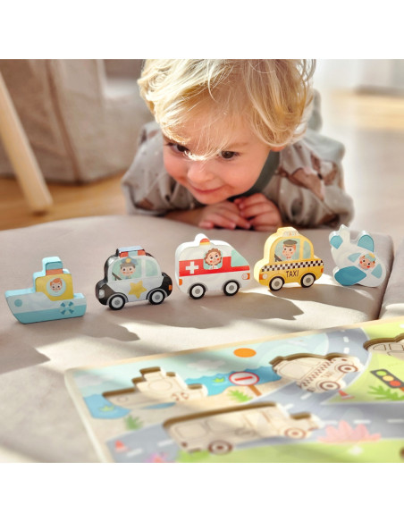 Tooky Toy Drewniane Puzzle Pojazdy Samochody Samolot Statek Miasto Dopasuj Kształty