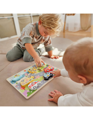 Tooky Toy Drewniane Puzzle Pojazdy Samochody Samolot Statek Miasto Dopasuj Kształty