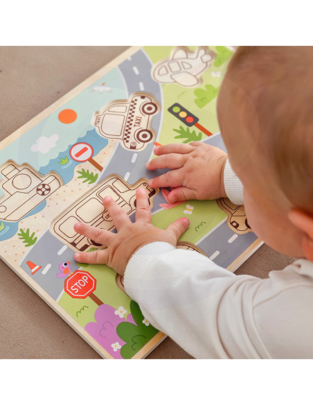 Tooky Toy Drewniane Puzzle Pojazdy Samochody Samolot Statek Miasto Dopasuj Kształty