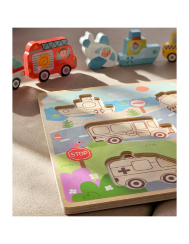 Tooky Toy Drewniane Puzzle Pojazdy Samochody Samolot Statek Miasto Dopasuj Kształty