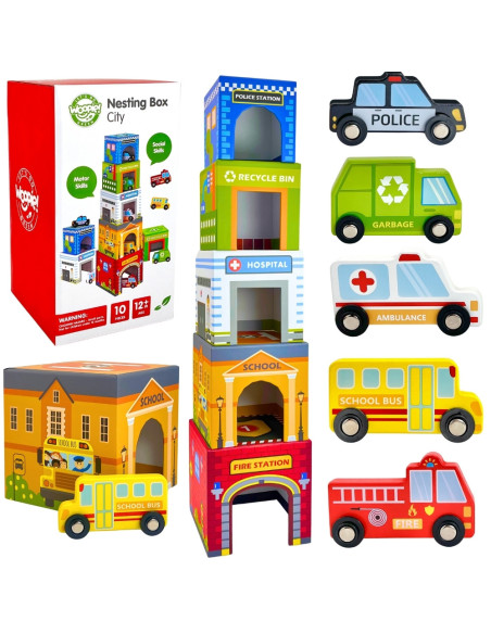 WOOPIE GREEN Układanka Kostki Miasto Pojazdy w Pudełkach + Figurki 10 el.