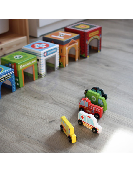 WOOPIE GREEN Układanka Kostki Miasto Pojazdy w Pudełkach + Figurki 10 el.