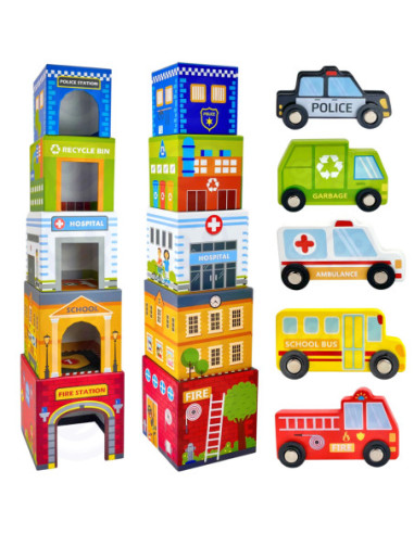 WOOPIE GREEN Układanka Kostki Miasto Pojazdy w Pudełkach + Figurki 10 el.