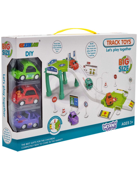 WOOPIE Tor Parking Garaż Samochodowy Zestaw Stacja Paliw Znaki Drogowe +  3 Auta
