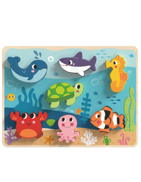 TOOKY TOY Drewniane Puzzle Świat Morza Montessori Rybki Żółwik Dopasuj Kształty