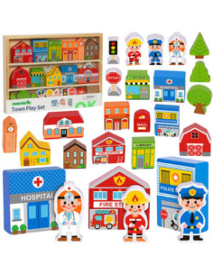 TOOKY TOY Drewniany Zestaw Budynków i Figurek Miasto Policja Szpital Remiza Policjant Doktor Strażak