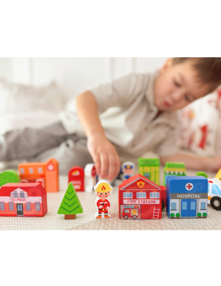 TOOKY TOY Drewniany Zestaw Budynków i Figurek Miasto Policja Szpital Remiza Policjant Doktor Strażak