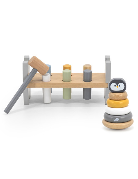 VIGA PolarB Zestaw Drewniana Piramidka + Przebijanka z Młoteczkiem Pingwinek Montessori