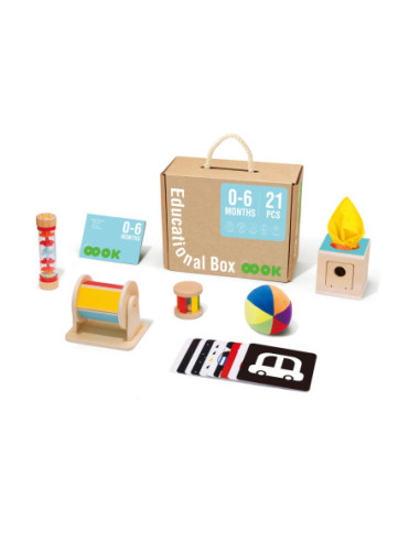 Tooky Toy Edukacyjne Pudełko Karty Kontrastowe Grzechotka Bębenek Piłka 6w1 od urodzenia do 6 miesiąca