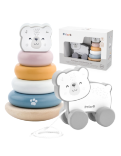VIGA PolarB Polar Bear Set Wooden Pyramid + Polar Bear to Pull