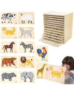 VIGA Zestaw Puzzle Drewniane 12 Układanek Zwierzątka Montessori + Stojak