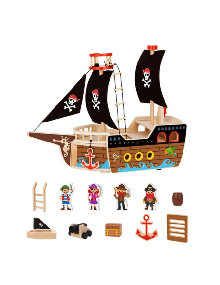 TOOKY TOY Statek Piracki Drewniany Figurki Zestaw