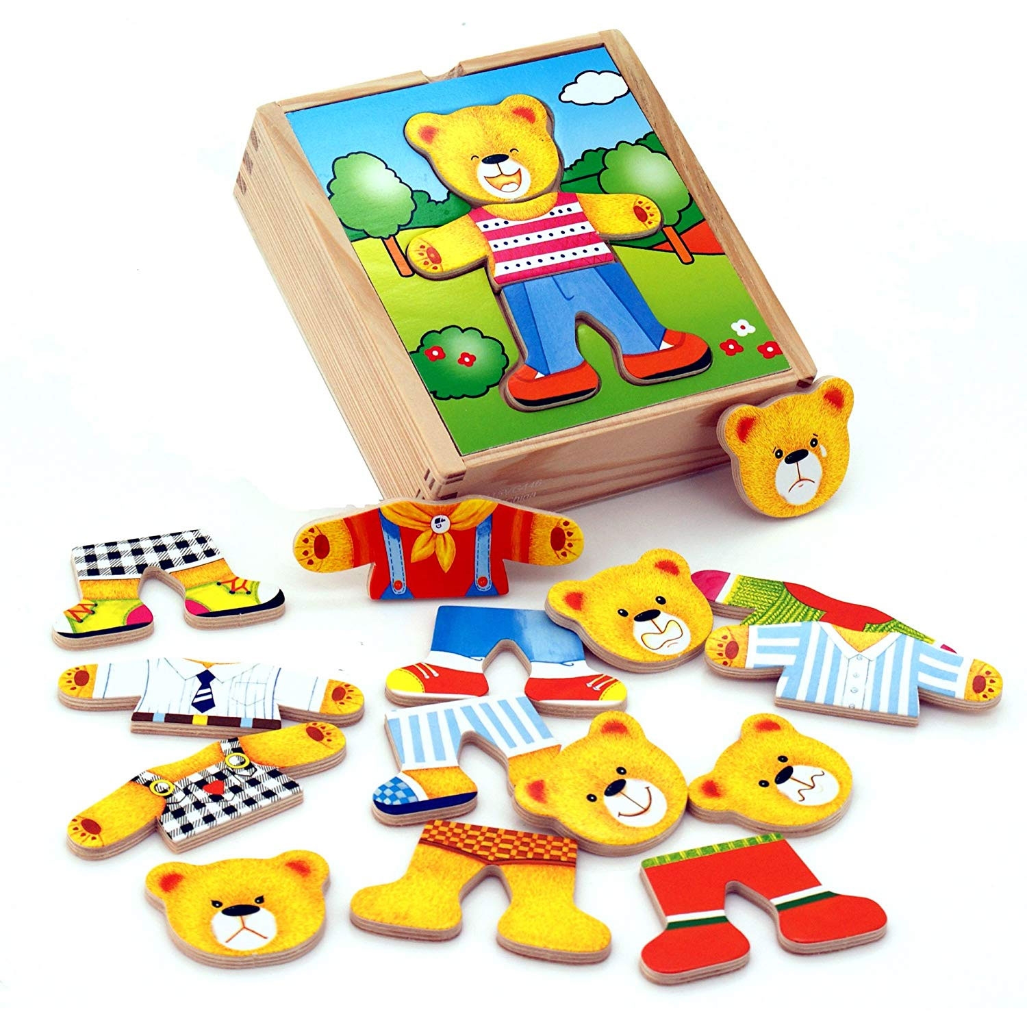 Drewniane puzzle układanka edukacyjna ubierz misia chłopca