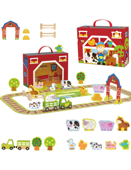 TOOKY TOY Drewniana Farma w Walizce Figurki Pojazdy