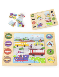 Viga Drewniane Puzzle Odgadnij po Cieniu  - Środki Transportu Układanka 17 el.