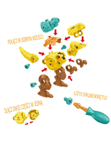 WOOPIE Zestaw Dinozaury do Skręcania 3 szt. Zestaw Konstrukcyjny w Pudełku + Wiertarka i Śrubokręt