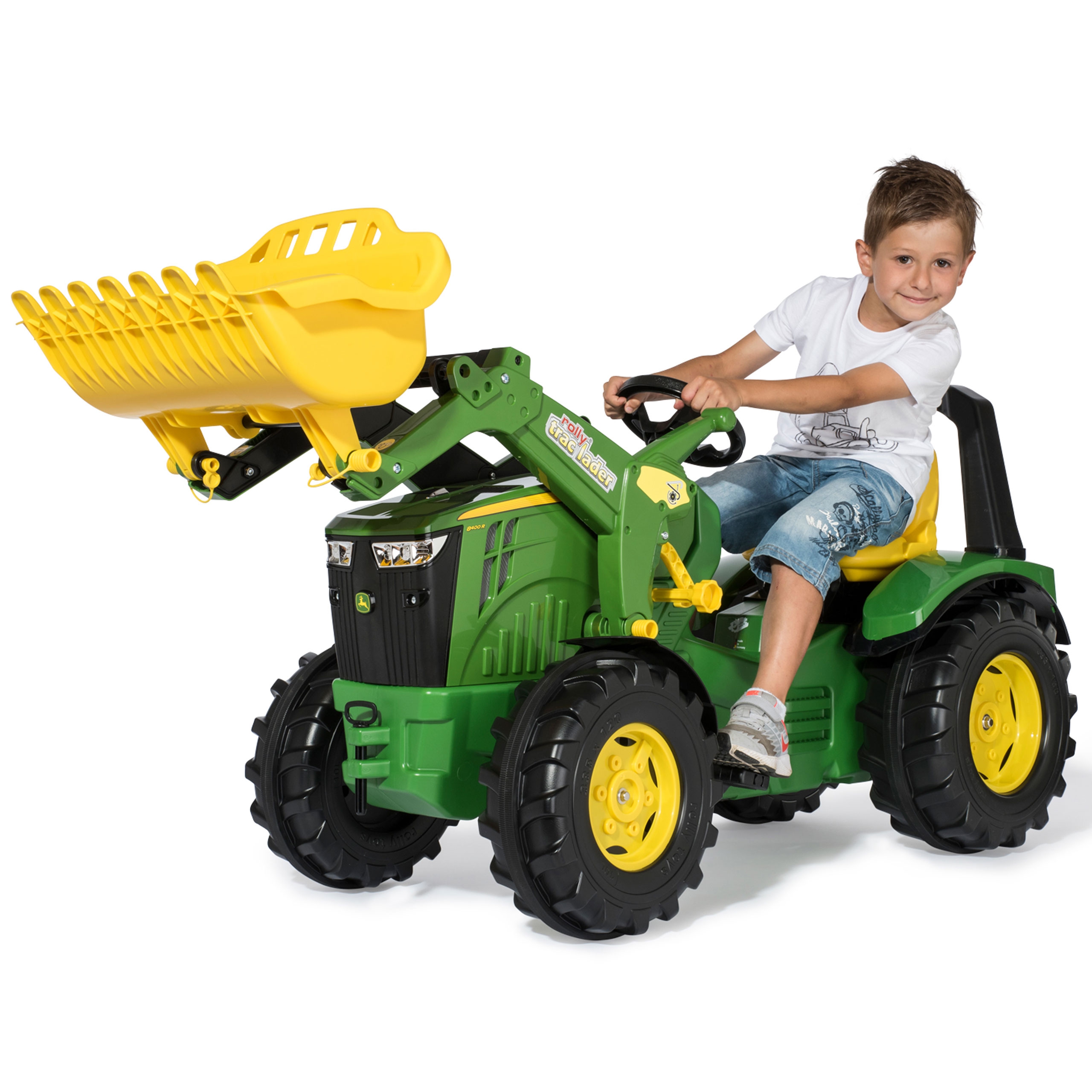 Rollyx-trac premium john deere traktor na pedały łyżka ciche koła 3-10 lat do 50kg - zielony