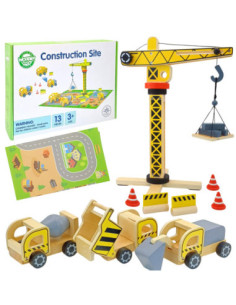 WOOPIE GREEN Drewniany Plac Budowy 5w1 Ruchomy Dźwig XXL Pojazdy Budowlane 13 el.