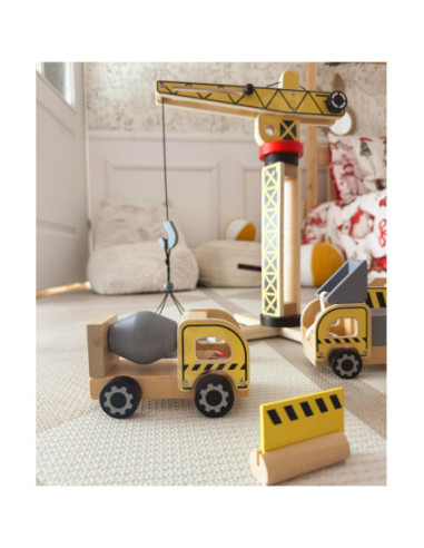 WOOPIE GREEN Drewniany Plac Budowy 5w1 Ruchomy Dźwig XXL Pojazdy Budowlane 13 el.