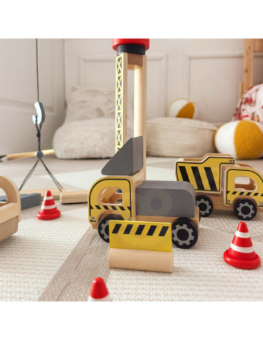 WOOPIE GREEN Drewniany Plac Budowy 5w1 Ruchomy Dźwig XXL Pojazdy Budowlane 13 el.