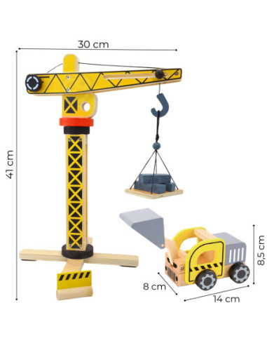 WOOPIE GREEN Drewniany Plac Budowy 5w1 Ruchomy Dźwig XXL Pojazdy Budowlane 13 el.