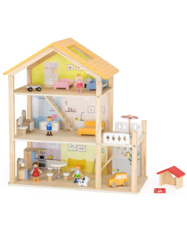 VIGA Zestaw Drewniany Domek dla Lalek z Laleczkami i Akcesoriami