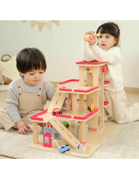 VIGA Drewniany Parking dla Samochodzików z Windą 4 Autka Helikopter