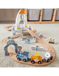 Medinė kosminė trasa TOOKY toy – bėgių rinkinys, raketa 3+ žaidimas 2
