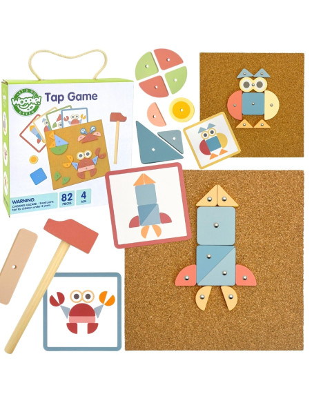 WOOPIE GREEN Drewniana Przybijanka z Młotkiem Układanka 20 wzorów 82 el.