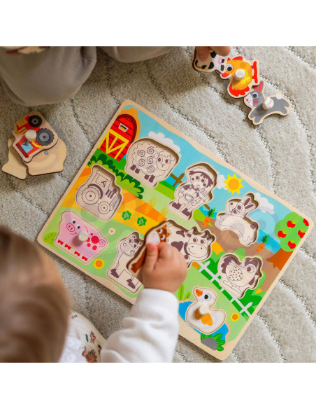 WOOPIE GREEN Drewniane Puzzle Montessori Farma z Pinezkami Do Dopasowania