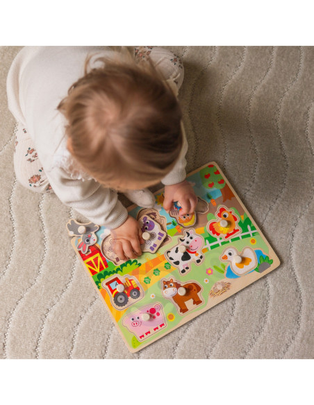 WOOPIE GREEN Drewniane Puzzle Montessori Farma z Pinezkami Do Dopasowania