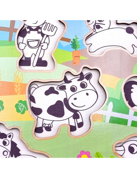 WOOPIE GREEN Drewniane Puzzle Montessori Farma z Pinezkami Do Dopasowania