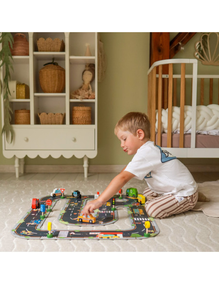 WOOPIE GREEN Zestaw Drewnianych Pojazdów i Znaków Drogowych