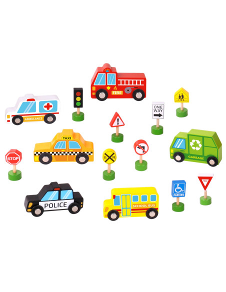 WOOPIE GREEN Zestaw Drewnianych Pojazdów i Znaków Drogowych