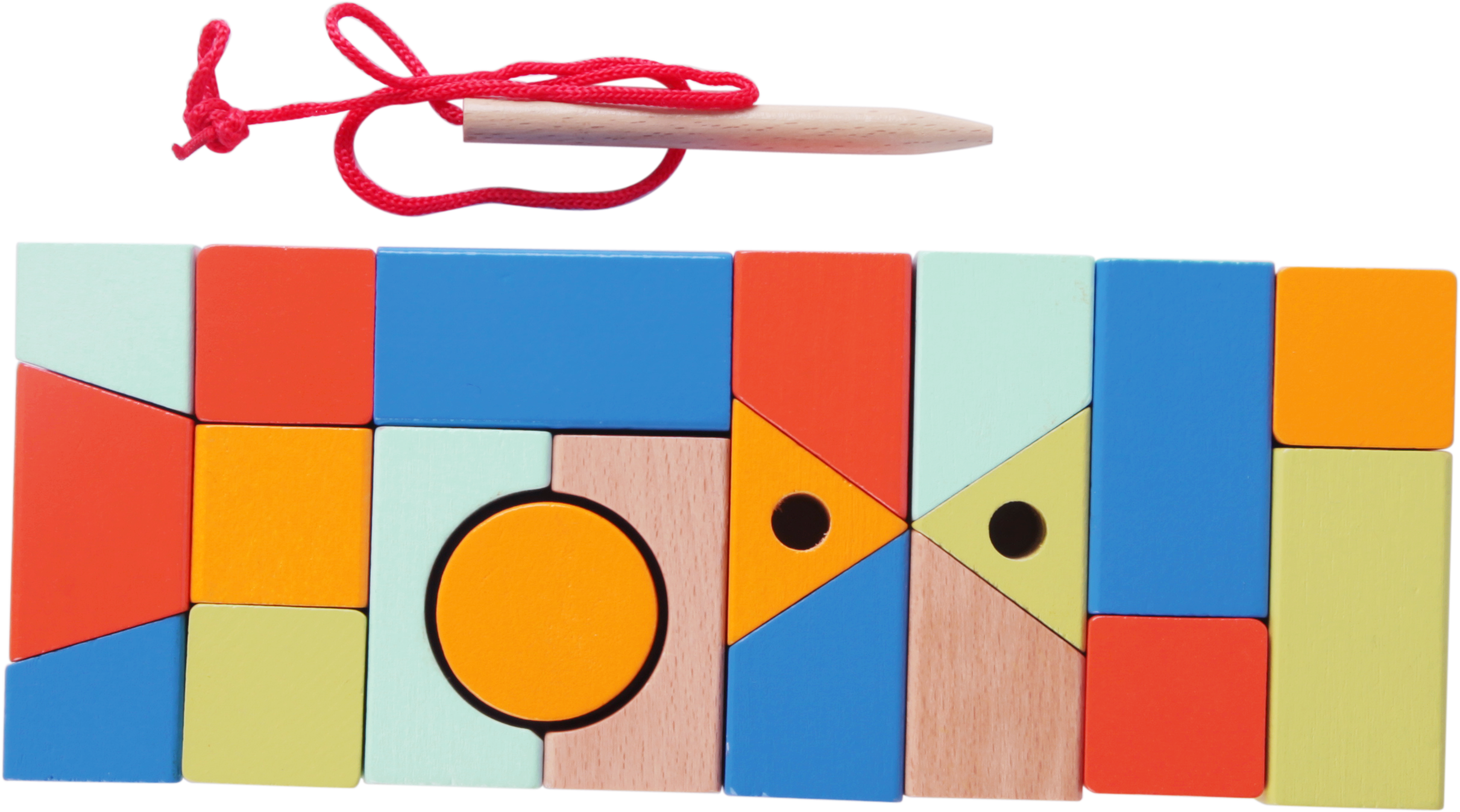 Drewniane klocki do nawlekania figury geometryczne 21 el.