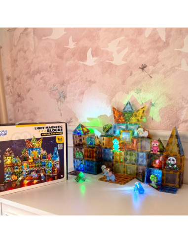 WOOPIE Klocki Magnetyczne Konstrukcyjne Świecące 3D Świat Zwierząt 124el.