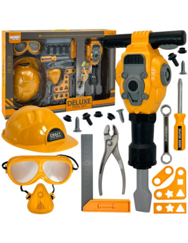 WOOPIE Zestaw Narzędzi Małego Majsterkowicza Gogle Kask Młot Pneumatyczny 21el.