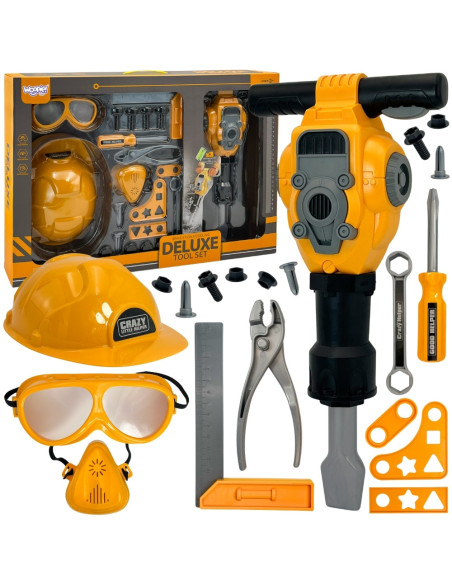 WOOPIE Zestaw Narzędzi Małego Majsterkowicza Gogle Kask Młot Pneumatyczny 21el.