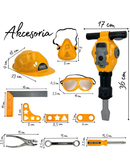 WOOPIE Zestaw Narzędzi Małego Majsterkowicza Gogle Kask Młot Pneumatyczny 21el.