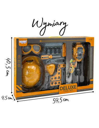 WOOPIE Zestaw Narzędzi Małego Majsterkowicza Gogle Kask Młot Pneumatyczny 21el.