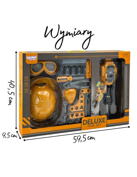 WOOPIE Zestaw Narzędzi Małego Majsterkowicza Gogle Kask Młot Pneumatyczny 21el.