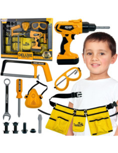 WOOPIE Zestaw Narzędzi Małego Majsterkowicza Gogle Wkrętarka Pas Na Narzędzia 16el.