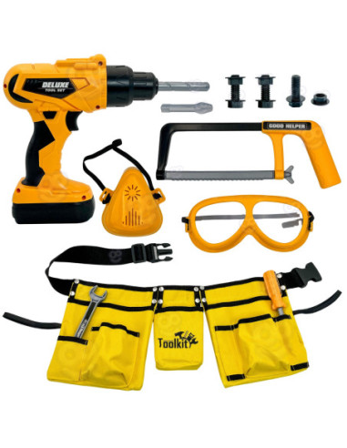 WOOPIE Zestaw Narzędzi Małego Majsterkowicza Gogle Wkrętarka Pas Na Narzędzia 16el.