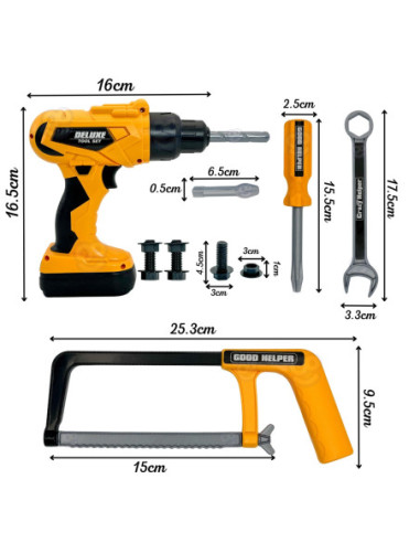 WOOPIE Zestaw Narzędzi Małego Majsterkowicza Gogle Wkrętarka Pas Na Narzędzia 16el.