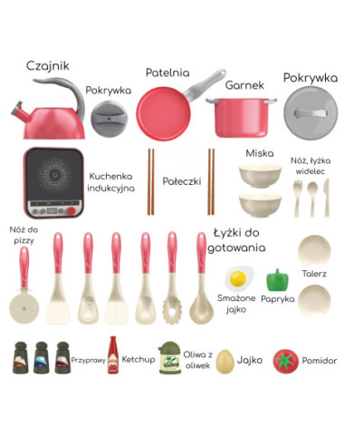 WOOPIE Zestaw Małego Kucharza Indukcja Garnki Patelnia Czajnik Różowy 30el.